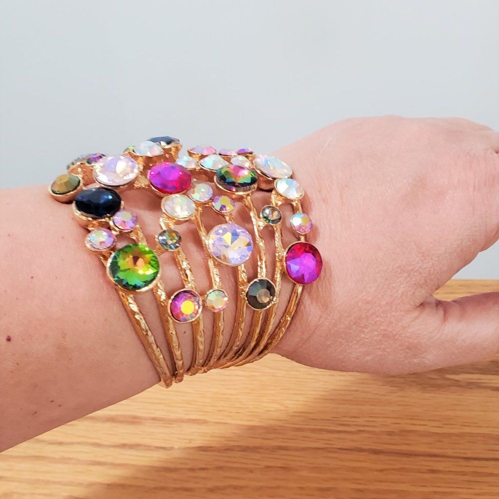 Multicolor Stone Embellished Hinged Cuff Bracelet - image 8